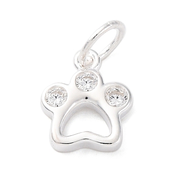 925 Sterling Silver Micro Pave Clear Cubic Zirconia Paw Print Charms, with Jump Rings & 925 Stamp, Silver, 9.5x8x2mm, Hole: 3mm