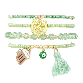 4Pcs 4 Style Evil Eye Valentine's Theme Alloy Enamel & Polycotton(Polyester Cotton) Tassel Charm Bracelets Set, Glass Beaded Stretch Bracelets, Light Green, Inner Diameter: 2-1/8 inch(5.4cm), 1Pc/style