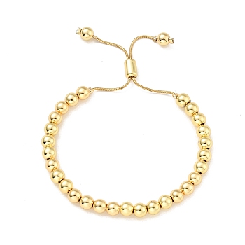 Rack Plating Brass Round Beaded Slider Bracelet for Women, Lead Free & Cadmium Free, Real 18K Gold Plated, Beads: 6mm, Inner Diameter: 1-3/4~2-5/8 inch(4.35~6.65cm)