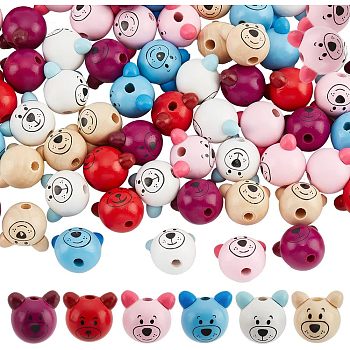 72Pcs 6 Styles Printed Natural Wooden Beads, Bear Head, Dyed, Mixed Color, 26~27x26~28x23.5~25.5mm, 12pcs/color