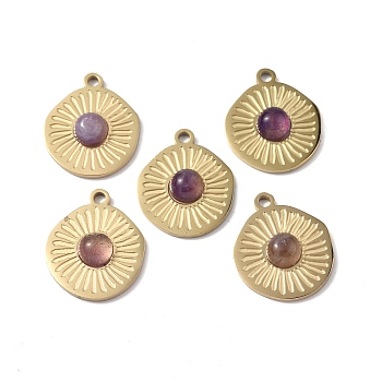 Natural Amethyst Pendants, Flat Round Charms, with Vacuum Plating Real 18K Gold Plated 201 Stainless Steel Findings, 20.5x17x4.5mm, Hole: 2mm