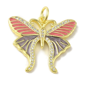 Brass Enamel Micro Pave Cubic Zirconia Pendants, Real 18K Gold Plated Butterfly Charms, with Jump Ring, Light Coral, 22x25x2.5mm, Hole: 4.2mm