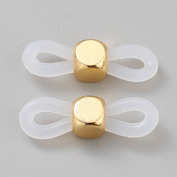 Eyeglass Holders, Glasses Rubber Loop Ends, with Cube Brass Beads, White, 20x6x5mm