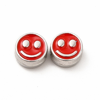 Rack Plating Alloy Enamel Beads, Cadmium Free & Nickel Free & Lead Free, Flat Round with Smiling Face Pattern, Platinum, Red, 7.5x4mm, Hole: 2mm