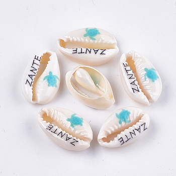 Printed Cowrie Shell Beads, No Hole/Undrilled, Sea Turtle & ZANTE Pattern, Dark Turquoise, 18~21x11~14x6~8mm