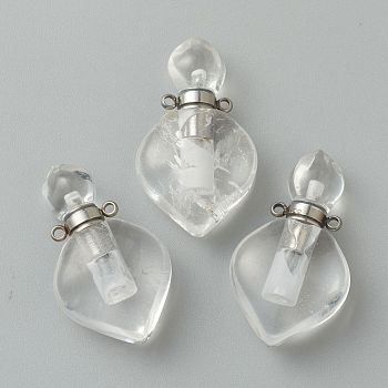 Natural Quartz Crystal Pendants, Rock Crystal Pendants, with Platinum Brass Findings, Openable Perfume Bottle, 37x21x11mm, Hole: 1.5mm