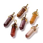 Natural Mookaite Pointed Pendants, with Random Brass Pendant Hexagon Bead Cap Bails, Golden, Bullet, 38.5~40x12~12.5x10~11mm, Hole: 3x4.5mm(G-G025-01G-06)