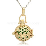 Golden Tone Brass Hollow Round Cage Pendants, with No Hole Spray Painted Brass Ball Beads, Lime Green, 35x25x21mm, Hole: 3x8mm(KK-J232-03G)