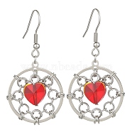 Brass Flat Round & Glass Heart Dangle Earrings, with 316 Surgical Stainless Steel Pins, Platinum, 51x26mm(EJEW-TA00270)