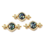 Rack Plating Brass Micro Pave Clear Cubic Zirconia Rhombus Links Connector Charms, with Enamel & Shell, Real 18K Gold Plated, Long-Lasting Plated, Lead Free & Cadmium Free, Black, 14x26x4mm, Hole: 1.4mm(KK-K385-105G-01)