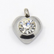 201 Stainless Steel Rhinestone Heart Charm Pendants, Grade A, Faceted, Crystal, 9x8x4mm, Hole: 1mm(RB-M030-05J)