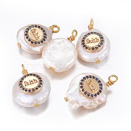Natural Cultured Freshwater Pearl Pendants, Inspirational Message Pendants, with Brass Micro Pave Cubic Zirconia Findings, Nuggets with Flat Round, with Word Faith, Golden, Dark Blue, 17~26x11~16x5~11mm, Hole: 1.6~2mm(PEAR-L027-47B)