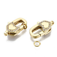 Brass Micro Pave Clear Cubic Zirconia Lobster Claw Clasps, with Jump Rings, Nickel Free, Heart, Real 16K Gold Plated, 21x12x6mm, Hole: 2mm, Jump Ring: 5x0.8mm, Inner Dameter: 3mm(ZIRC-S066-038-NF)