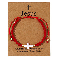 Adjustable Sea Shell Cross & Faceted Rondelle Glass Braided Bead Bracelets for Women, FireBrick, 11 inch(28cm)(AZ6679-1)