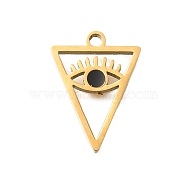 PVD Vacuum Plating 201 Stainless Steel Pendants, with Enamel, Triangle with Eye Charm, Real 18K Gold Plated, Black, 16x12x1.5mm, Hole: 1.5mm(STAS-C111-23G)