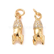 Rocket Brass Micro Pave Clear Cubic Zirconia Charms, with Jump Rings, Cadmium Free & Nickel Free & Lead Free, Real 18K Gold Plated, 13.5x6x6mm, Hole: 2.8mm(KK-G435-13G)