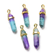 Natural Dyed Calcite Double Terminated Pointed Pendants, with Golden Tone Brass Findings, Bullet, Dark Violet, 40~41x13.5x10mm, Hole: 4x5mm(G-G852-07B)