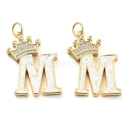 Brass Micro Pave Clear Cubic Zirconia Pendants, with Synthetic Opal, Real 18K Gold Plated, with Jump Ring, Letter M, 26.5~33x14~23.5x3.5~4.5mm, Hole: 4.5mm(KK-G498-01M-02)