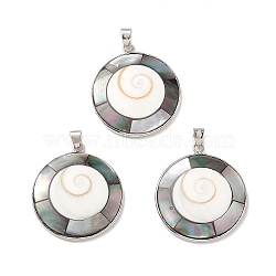 Natural Black Lip Shell Pendants, Flat Round Charms, with Brass Findings, Cadmium Free & Lead Free, Platinum, 36x31.5x2mm, Hole: 6x4mm(BSHE-E029-04P)