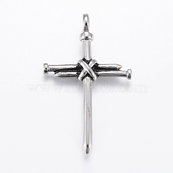 304 Stainless Steel Big Pendants, Cross, Antique Silver, 56x34x8mm, Hole: 6mm(STAS-F157-07AS)