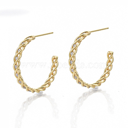 Brass Half Hoop Earrings, Stud Earrings, with Clear Cubic Zirconia, Nickel Free, Letter C, Real 18K Gold Plated, 33mm, Pin: 0.7mm(KK-S348-453-NF)