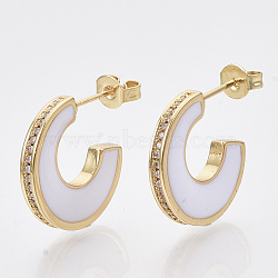Brass Micro Pave Cubic Zirconia Crescent Moon Stud Earrings, Half Hoop Earrings, with Enamel and Ear Nuts, Letter C, Real 18K Gold Plated, Creamy White, 21x17x3mm, Pin: 1mm(EJEW-N011-01F)