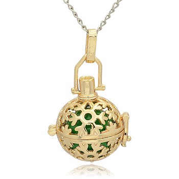 Golden Tone Brass Hollow Round Cage Pendants, with No Hole Spray Painted Brass Ball Beads, Lime Green, 35x25x21mm, Hole: 3x8mm