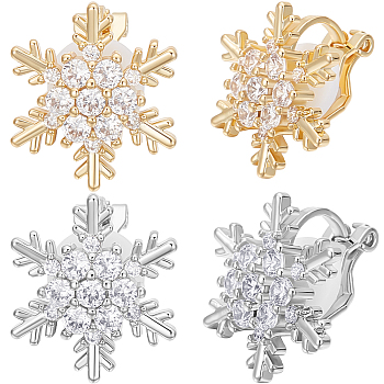 2 Pairs 2 Colors Brass Micro Pave 3A Clear Cubic Zirconia Clip-on Earrings, Snowflake, Mixed Color, 16.5x14.5x4mm, 1 pair/color