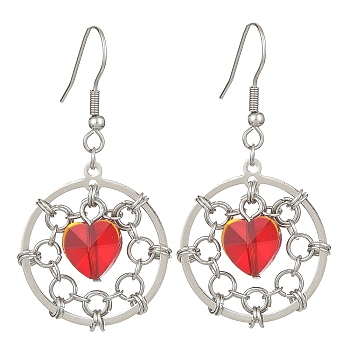 Brass Flat Round & Glass Heart Dangle Earrings, with 316 Surgical Stainless Steel Pins, Platinum, 51x26mm