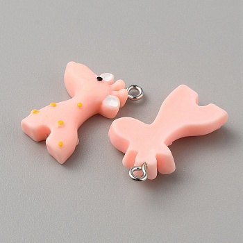 6Pcs Opaque Resin Pendants, Giraffe Charms, with Platinum Tone Iron Loops, Pink, 25x16.5x6mm, Hole: 2mm