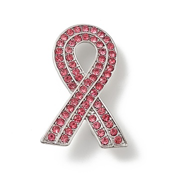 Breast Cancer Awareness Pink Ribbon Rhinestone Brooch Pin, Platinum Plated Alloy Badge for Backpack Clothes, Rose, 51x33x4mm