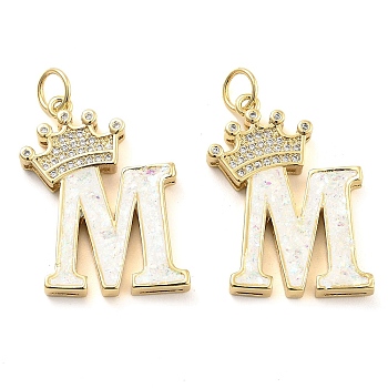 Brass Micro Pave Clear Cubic Zirconia Pendants, with Synthetic Opal, Real 18K Gold Plated, with Jump Ring, Letter M, 26.5~33x14~23.5x3.5~4.5mm, Hole: 4.5mm