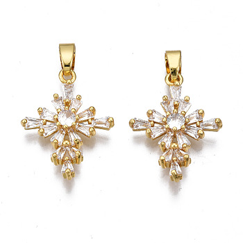 Brass Micro Pave clear Cubic Zirconia Pendants, Nickel free, Cross, Real 16K Gold Plated, 21x16x4mm, Hole: 2x5mm