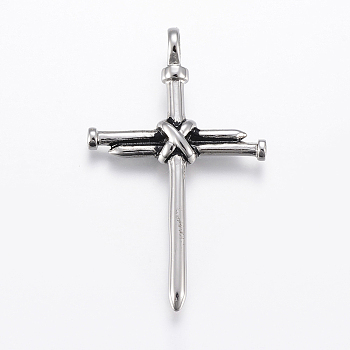 304 Stainless Steel Big Pendants, Cross, Antique Silver, 56x34x8mm, Hole: 6mm