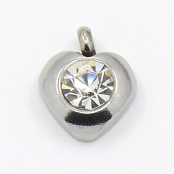 201 Stainless Steel Rhinestone Heart Charm Pendants, Grade A, Faceted, Crystal, 9x8x4mm, Hole: 1mm
