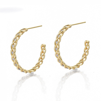 Brass Half Hoop Earrings, Stud Earrings, with Clear Cubic Zirconia, Nickel Free, Letter C, Real 18K Gold Plated, 33mm, Pin: 0.7mm