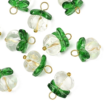 10Pcs Pumpkin Glass Pendants, with Brass Findings, Golden, White, 14mm, Hole: 2.5mm