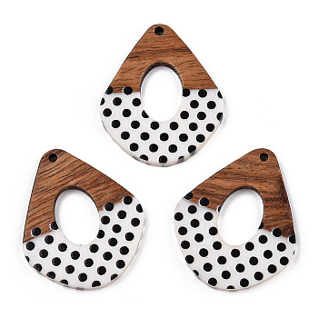 Printed Opaque Resin & Walnut Wood Pendants, Hollow Kite Charm with Polka Dot Pattern, White, 38x32x3.5mm, Hole: 2mm