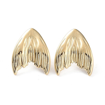 304 Stainless Steel Stud Earrings, Fishtail, Real 14K Gold Plated, 21x17mm