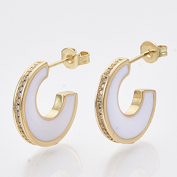 Brass Micro Pave Cubic Zirconia Crescent Moon Stud Earrings, Half Hoop Earrings, with Enamel and Ear Nuts, Letter C, Real 18K Gold Plated, Creamy White, 21x17x3mm, Pin: 1mm