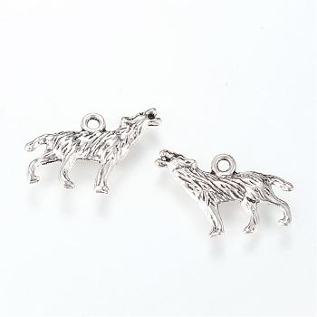 Tibetan Style Alloy Howling Wolf Pendants, Wolf, Cadmium Free & Lead Free, Antique Silver, 18x26x3.5mm, Hole: 2mm, about 430pcs/1000g
