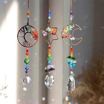 3pcs Crystal Glass Sun Catcher Pendant, Rainbow Maker, DIY Garden & Home Decoration, Sun & Moon & Star, Tree of Life, 300~400mm, 3pcs/set