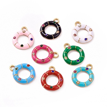 304 Stainless Steel Rhinestone Pendants, with Enamel, Golden, Swim Ring Charm, Mixed Color, 16x13x2.5mm, Hole: 2mm