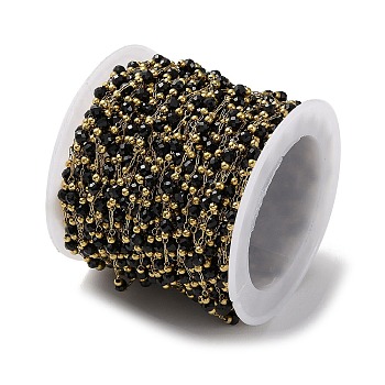 Ion Plating(IP) Real 18K Gold Plated 316 Stainless Steel Paperclip Chains, with Faceted Round Natural Black Quartz Beaded, with Spool, Soldered, 3mm