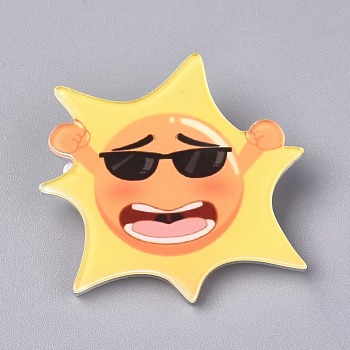 Acrylic Badges Brooch Pins, Cute Lapel Pin, for Clothing Bags Jackets Accessory DIY Crafts, Sun, Yellow, 41x43x8.5mm, Pin: 0.8mm
