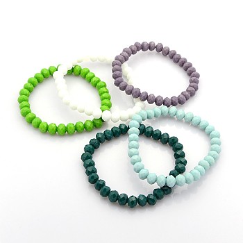Faceted Opaque Solid Color Crystal Glass Rondelle Beads Stretch Bracelets, Mixed Color, 68mm