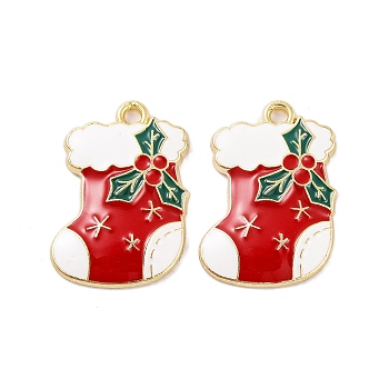 Christmas Theme Rack Plating Alloy Pendants, with Enamel, Cadmium Free & Nickel Free & Lead Free, Golden, Christmas Socking, 25x18x3mm, Hole: 1.8mm