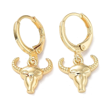 Brass Dangle Leverback Earrings, Cattle Head, Real 18K Gold Plated, 24.5x11.5mm