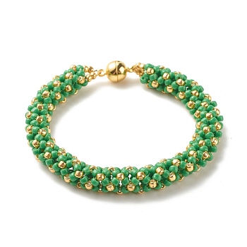 Glass Seed Beaded Bracelet with Brass Magnetic Clasp, Braided Bracelet for Women, Medium Sea Green, 7-1/2 inch(19cm)