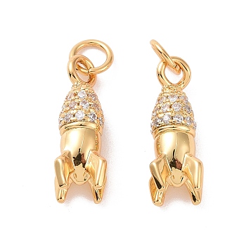 Rocket Brass Micro Pave Clear Cubic Zirconia Charms, with Jump Rings, Cadmium Free & Nickel Free & Lead Free, Real 18K Gold Plated, 13.5x6x6mm, Hole: 2.8mm